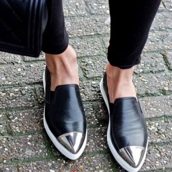 MIU MIU POINTED METAL CAP-TOE BLACK SILVER LEATHER SLIP ON SNEAKERS 37.5 - Picture 1 of 12
